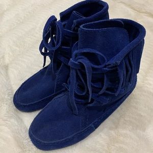 Maje Royal Blue Fringe Wedge Booties